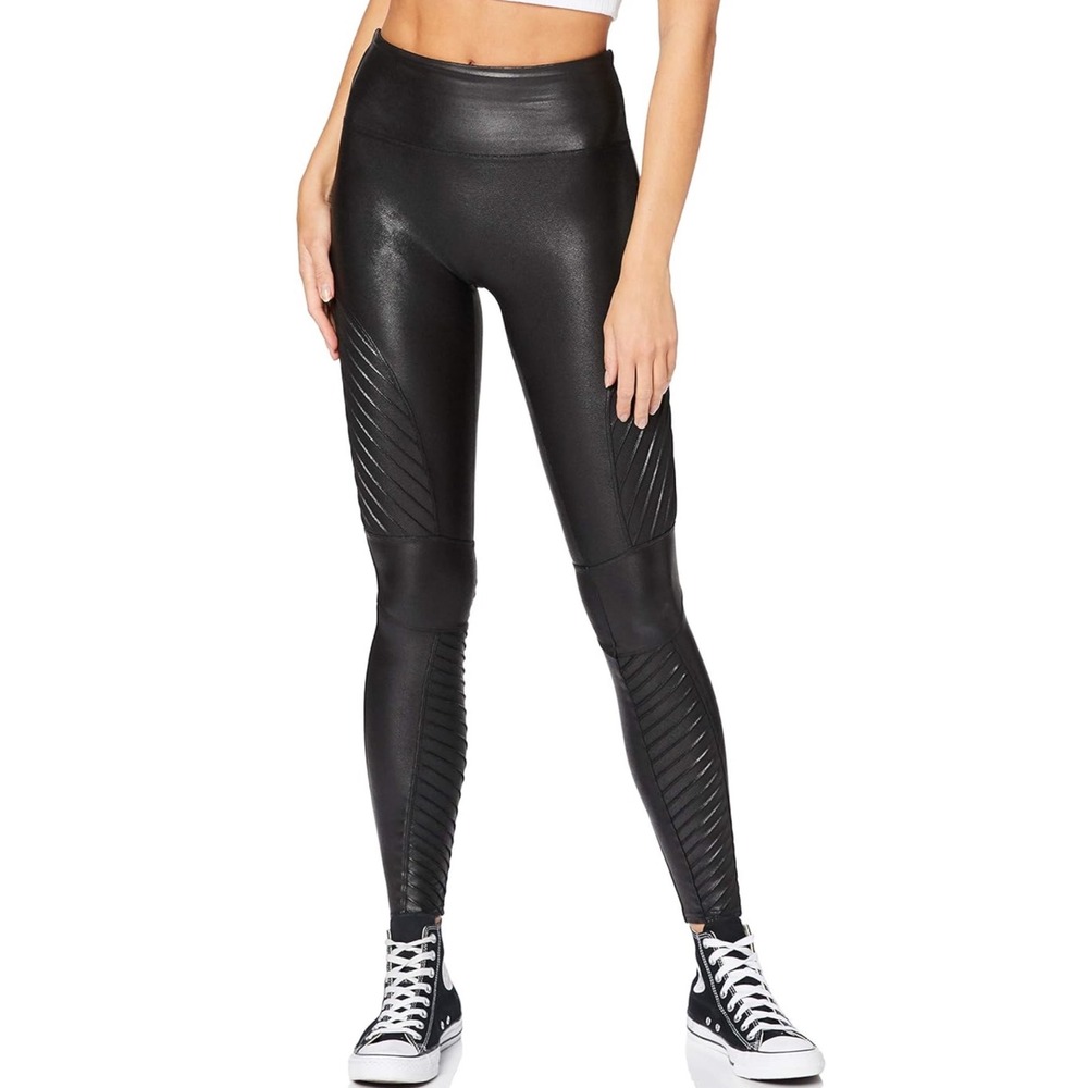 Spanx Faux‎ Leather Moto Leggings Medium High Waist Ribbed Panels Black